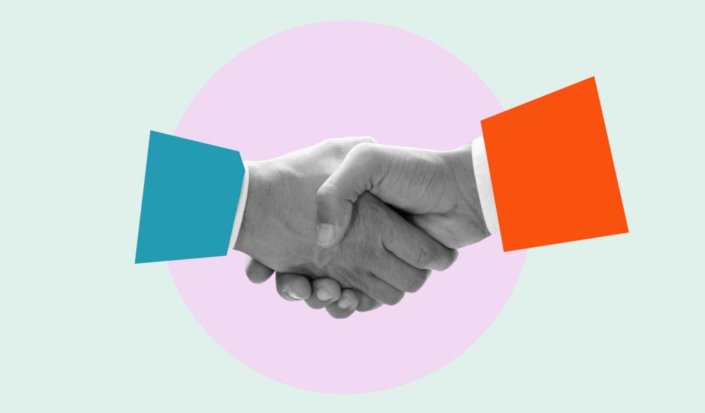 Modern design with a positive context, a handshake. Concept of help, support, and harmony between adults. Modern design with a positive context, a handshake. Concept of help, support and harmony between adults. Modern art collage, trendy magazine style.